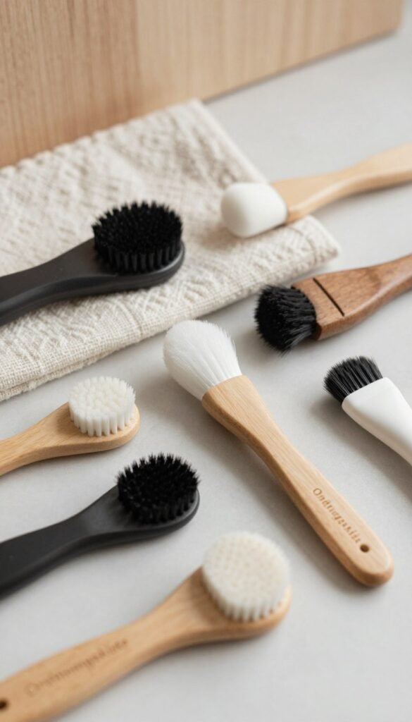 A neatly arranged flat lay of various facial cleansing brush heads by the brand "Ordnungskiste". In the foreground, showcase the brush heads in diverse shapes and colors, emphasizing their bristles and unique features. The middle ground can feature a soft, textured cloth that complements the overall theme of cleanliness and hygiene. In the background, a subtle wooden or marble surface provides a natural feel, while warm, diffused lighting creates an inviting atmosphere, highlighting the details of the brush heads. The composition should evoke a sense of order and cleanliness, ideal for a lifestyle article, with an aesthetic that resembles Pinterest visuals. The image should be authentic, without any text or branding overlays.
