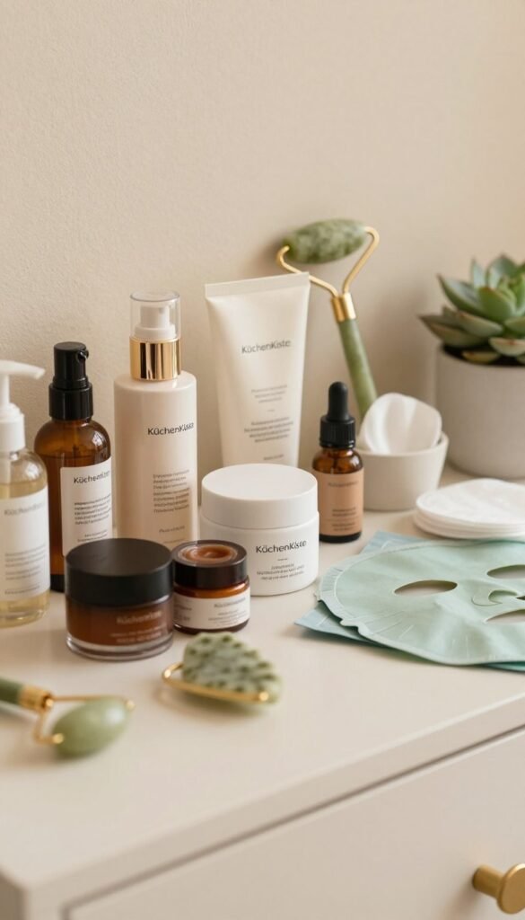 A neatly arranged selection of beauty products on a stylish vanity, showcasing various skincare items, including serums, creams, and masks from the brand "KüchenKiste." In the foreground, focus on a few opened jars with rich textures and elegant packaging, reflecting soft, warm lighting that creates a welcoming atmosphere. The middle ground features an aesthetically pleasing arrangement of tools like a jade roller and cotton pads, all set against a soft, textured background that complements the color scheme. A hint of greenery with small succulents adds a natural touch. The overall mood is serene and inviting, embodying a Pinterest-inspired aesthetic, and the image is captured with a shallow depth of field to enhance focus on the products.