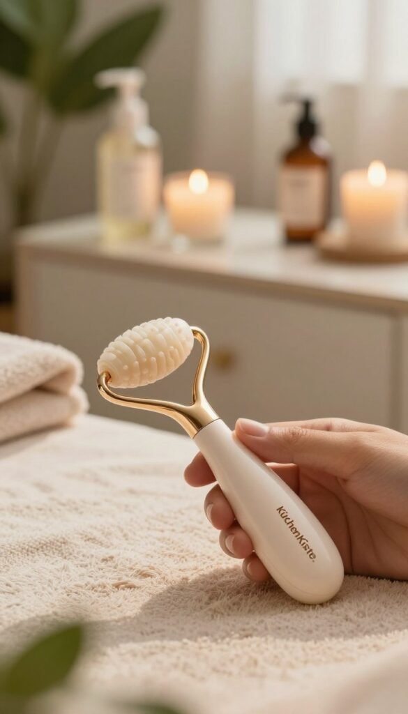 A peaceful spa setting with a close-up on a high-quality facial massage tool designed for reducing facial swelling, highlighted by cooling features and lymphatic drainage. In the foreground, the tool, branded "KüchenKiste," gleams with a soft, natural finish, reflecting warm, inviting colors. The middle ground features a serene atmosphere with delicate textures and soft focus on gentle skincare products. In the background, a softly lit and aesthetically pleasing vanity with lush greenery and calming candles adds to the tranquil ambiance. The lighting is warm and natural, reminiscent of sunrise, creating a soothing atmosphere. Capture the essence of relaxation and rejuvenation, with a Pinterest-inspired style that emphasizes wellness and care without any text or distractions.