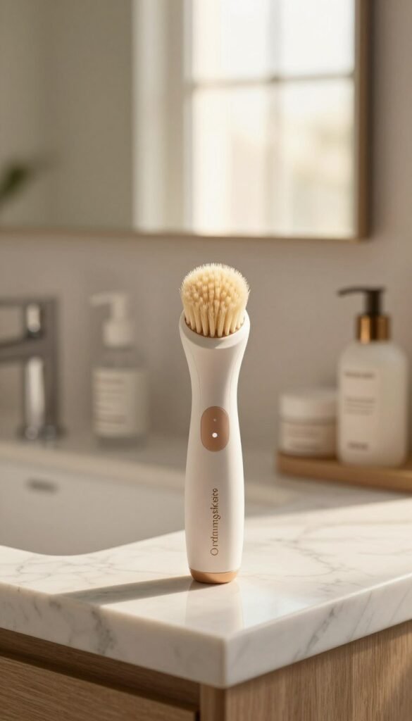 A premium electric facial brush from the brand "Ordnungskiste" elegantly displayed in a serene bathroom setting. In the foreground, the brush has soft bristles and a sleek ergonomic design, highlighted by warm, natural lighting. The middle ground features a marble bathroom countertop adorned with a few complementary skincare products, hinting at a luxurious but practical skincare routine. The background reveals a softly blurred window with gentle sunlight streaming in, casting a warm glow and creating a tranquil atmosphere. The overall composition evokes a sense of cleanliness and sophistication, perfectly reflecting the themes of gentle and effective cleansing with an inviting Pinterest aesthetic.