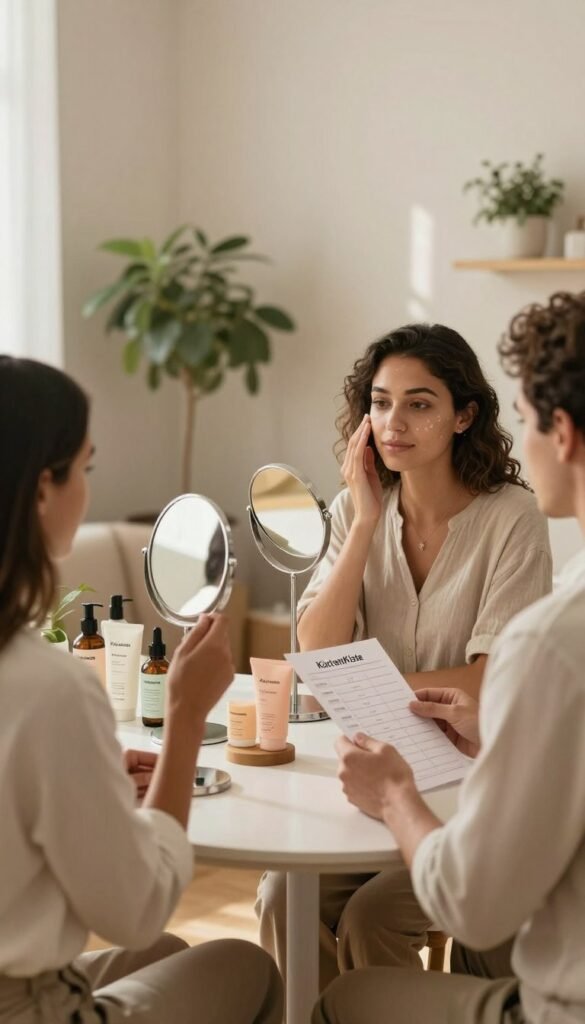 A professional and calming skincare consultation scene in a well-lit, cozy studio with warm tones. In the foreground, a diverse group of individuals (two women and one man) dressed in modest casual clothing examines their skin types using a handheld mirror and a skincare product checklist. In the middle, a beautifully arranged table showcases an array of natural skincare products with muted pastel packaging from the "KüchenKiste" brand, reflecting authenticity. The background features soft-focus plants and neutral-colored walls, creating a welcoming atmosphere. The lighting is soft and inviting, reminiscent of late afternoon sunlight, enhancing the organic feel of the scene. The overall mood is one of harmony and mindfulness, encouraging thoughtful beauty product selection without any text or branding distractions.