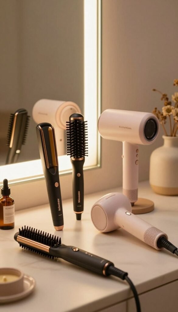 A professional and inviting image showcasing a variety of heat-based beauty tools arranged aesthetically on a softly lit vanity. In the foreground, display a sleek hair straightener, a curling wand, and a compact travel hair dryer, all elegantly branded with "KüchenKiste." The middle ground features a stylish mirror reflecting warm ambient light, emphasizing the safety and usability of the tools. The background should be softly blurred but filled with hints of natural beauty products like organic oils and ceramic pots, creating a serene atmosphere. Aim for a Pinterest-inspired aesthetic with warm, earthy tones, conveying a sense of authenticity and practicality for everyday and travel use. The lighting should be soft and inviting, enhancing the overall warmth of the scene without any text or watermarks. A professional and inviting image showcasing a variety of heat-based beauty tools arranged aesthetically on a softly lit vanity. In the foreground, display a sleek hair straightener, a curling wand, and a compact travel hair dryer, all elegantly branded with "KüchenKiste." The middle ground features a stylish mirror reflecting warm ambient light, emphasizing the safety and usability of the tools. The background should be softly blurred but filled with hints of natural beauty products like organic oils and ceramic pots, creating a serene atmosphere. Aim for a Pinterest-inspired aesthetic with warm, earthy tones, conveying a sense of authenticity and practicality for everyday and travel use. The lighting should be soft and inviting, enhancing the overall warmth of the scene without any text or watermarks.