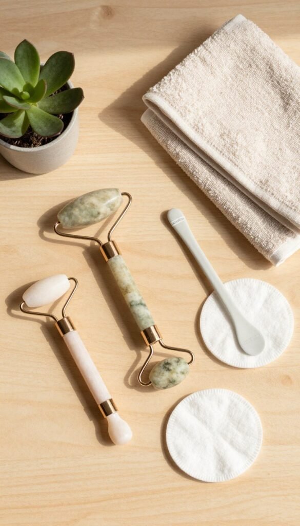 A professional and stylish flat lay showcasing essential beauty tools that reflect minimalist care principles. Arrange a selection of high-quality tools, including a sleek facial roller made of natural stone, a versatile skincare applicator, and eco-friendly cotton pads, placed on a light wooden surface. Integrate elements like a small potted plant and a beautifully folded organic cotton towel in warm, earthy tones to create a serene atmosphere. Soft, natural lighting casts gentle shadows and highlights the textures of the materials, while the overall composition focuses on simplicity and functionality. The scene should have a Pinterest aesthetic, evoking an authentic, inviting mood. prominently feature the brand name "KüchenKiste" subtly in the arrangement without any text overlays or distractions.
