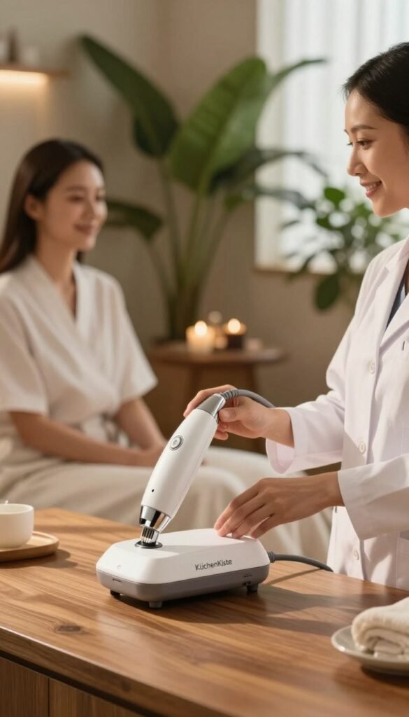 A professional skincare setting showcasing a sleek, modern microdermabrasion device branded "KüchenKiste" in the foreground. The device is elegantly positioned on a polished wooden table with soft, warm lighting highlighting its features. In the background, a serene spa environment is visible, with lush greenery and calming spa-inspired decor. A skincare professional wearing a crisp white lab coat is gently demonstrating the device to a client who appears relaxed, both smiling comfortably. The atmosphere is tranquil and welcoming, evoking feelings of safety and professionalism. A shallow depth of field focuses on the device and the interaction, while soft natural light filters through a window, casting gentle shadows for an authentic, Pinterest-worthy aesthetic. No text or logos should appear in the image.
