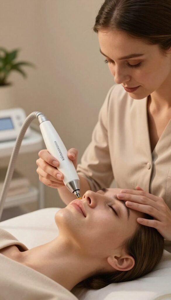 A professional skincare treatment setting showcasing a microdermabrasion device in action, focusing on the upper layer of skin being gently exfoliated. The foreground features a close-up of the device, highlighting its sleek design and fine tip. In the middle ground, a well-groomed, professionally dressed female aesthetician applies the treatment to a client's face, ensuring the model is wearing modest clothing. Soft, diffused lighting creates a warm atmosphere, casting gentle shadows that enhance the texture of the skin. The background includes subtle hints of a serene clinic interior with soft colors and plants, evoking a calm and reassuring mood. This image embodies authenticity and warmth, with a Pinterest aesthetic, while including the brand name "KüchenKiste" in a natural and unobtrusive way.
