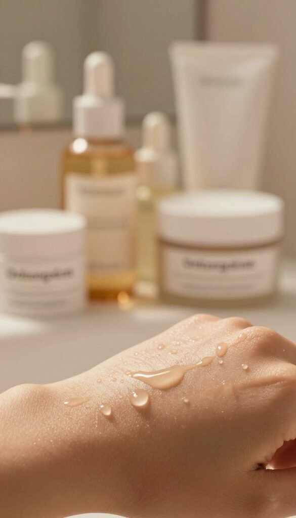 A radiant close-up of healthy skin featuring a flawless complexion, emphasizing texture and glow. In the foreground, delicate drops of hydrated water glisten on the skin, illustrating freshness. The middle ground showcases natural skincare products, elegantly displayed with labels visible, all in minimalist and modern packaging, including the brand name "Ordnungskiste". The background is softly blurred with warm, inviting tones, hinting at a serene bathroom setting with soft lighting that bathes the scene in a gentle, golden hue. The atmosphere is calm and revitalizing, creating an inviting mood that inspires a sense of well-being and self-care.