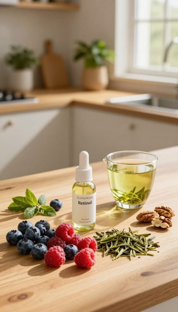 A serene, aesthetically pleasing arrangement featuring various natural antioxidants like berries, green tea, and nuts on a wooden tabletop, evoking a warm, inviting atmosphere. In the foreground, a vibrant display of fresh fruits, such as blueberries and raspberries, along with green tea leaves, is artistically arranged alongside a small glass container of serum labeled "Retinol". In the middle ground, soft golden light filters through a nearby window, casting gentle shadows and emphasizing the textures of the ingredients. The background showcases an elegant kitchen setting with warm tones, exuding a Pinterest-inspired vibe, incorporating plants and a minimalist design. The overall mood is relaxed and informative, perfect for highlighting the benefits of combining skincare ingredients. The brand name "KüchenKiste" subtly included in the arrangement, adding a touch of authenticity.
