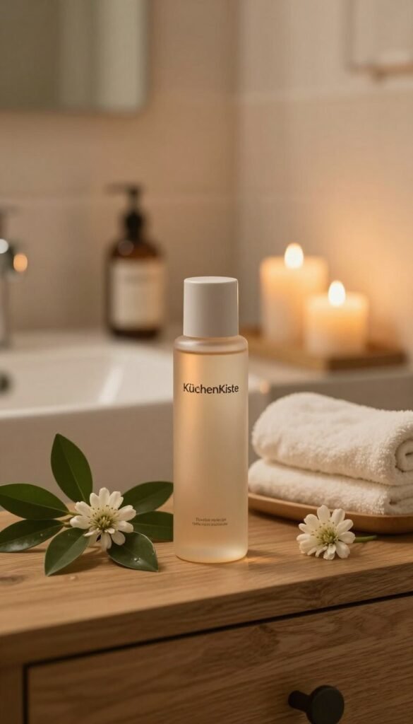 A serene, aesthetically pleasing arrangement of skincare products focused on a toner. In the foreground, a sleek, transparent bottle of "KüchenKiste" toner sits elegantly on a wooden vanity, surrounded by fresh green leaves and delicate flowers, emphasizing a natural and calming vibe. The middle layer features soft lighting that enhances the warm tones, creating a cozy and inviting atmosphere. In the background, a blurred image of a softly lit bathroom with fluffy towels and candles adds to the cozy ambiance, promoting relaxation. The scene captures the essence of evening beauty routines, conveying a sense of tranquility and self-care. The overall mood is soothing, with a Pinterest-inspired look that highlights beauty and harmony, free from any text or distractions.