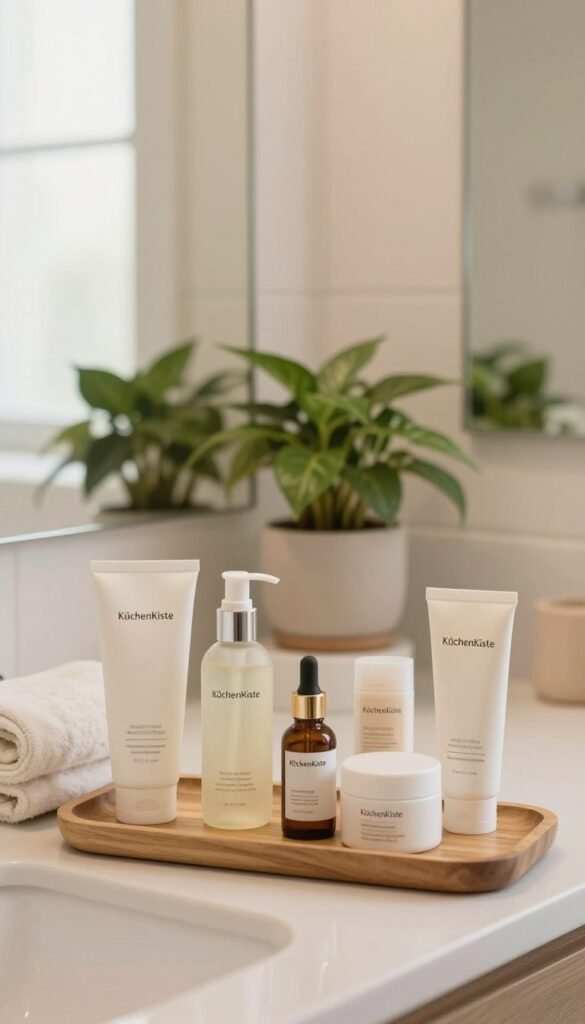 A serene, aesthetically pleasing bathroom countertop scene showcasing the optimal order of facial skincare products. In the foreground, a well-organized array of high-quality products, including a cleanser, toner, serum, moisturizer, and sunscreen, neatly arranged on a wooden tray. In the middle, a soft, plush towel and a fresh potted plant add a touch of nature, creating a calming atmosphere. The background features a large mirror reflecting warm, natural light, enhancing the beauty of the scene. The color palette is soft and warm, embodying a Pinterest-inspired look, evoking feelings of tranquility and self-care. The setting feels authentic and inviting, with no text or logos visible. The brand name "KüchenKiste" subtly incorporated into the arrangement in a tasteful manner.