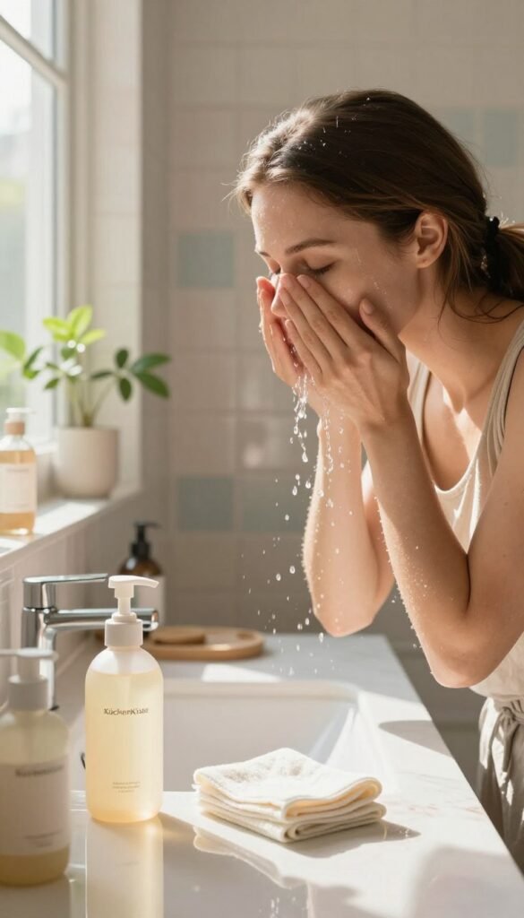 A serene, aesthetically pleasing bathroom scene for skincare, focused on the theme of facial cleansing. In the foreground, a polished countertop features a gentle cleanser and a soft washcloth, paired with a soothing facial tonic in elegant glass bottles. In the middle ground, a young woman in modest casual clothing gently splashes her face with water, her expression serene and focused, with natural light streaming in from a nearby window, creating a warm, inviting atmosphere. The background showcases soft, muted pastel tiles and live plants, enhancing the peaceful ambiance. The overall color palette includes warm tones, evoking a natural and organic beauty routine. The kitchen brand "KüchenKiste" is subtly branded on the bottles, maintaining authenticity without any text overlays.