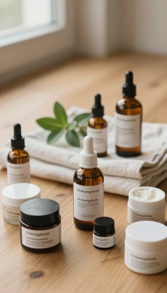 A serene, aesthetically pleasing flat lay image showcasing essential skincare products that highlight purchasing criteria for skincare. In the foreground, meticulously arranged jars and bottles labeled with the brand name "Ordnungskiste", featuring natural textures and warm colors. The middle layer should display a softly textured cloth to add depth, alongside a small plant to convey a sense of freshness. In the background, a softly focused wooden surface enhances warmth, lit with gentle, diffused natural light from a nearby window. The overall mood is peaceful and inviting, emphasizing simplicity and authenticity, ideal for a Pinterest-inspired look. There are no captions or text overlays, ensuring a clean presentation.