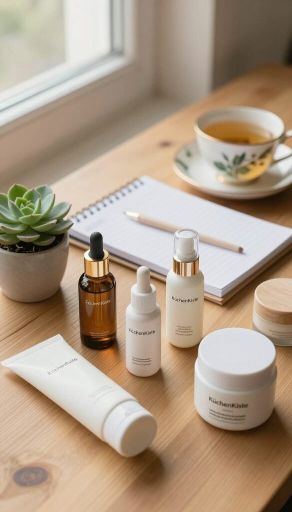 A serene, aesthetically pleasing flat lay of beauty and skincare products thoughtfully arranged on a wooden surface. The foreground features various skincare items, including serums, moisturizers, and creams, elegantly presented alongside a small potted succulent for a touch of greenery. In the middle ground, a stylish planner and a beautifully designed cup of herbal tea imply a sense of time management. The background is softly blurred with warm, natural light filtering through a window, creating a cozy, inviting atmosphere reminiscent of a Pinterest-inspired layout. The brand name "KüchenKiste" is subtly incorporated as an artistic element within the scene. The overall mood exudes tranquility, encouraging viewers to focus on self-care and mindful beauty routines.