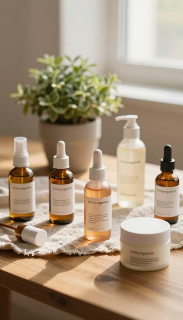 A serene, aesthetically pleasing flat lay of various skincare products from the brand "Ordnungskiste" arranged on a wooden surface. The foreground features an assortment of bottles and jars with elegant designs, cap colors, and labels showcasing their ingredients. A soft-focus potted plant in the middle adds a touch of nature, while a delicate fabric underlay in warm, earthy tones enhances the tranquil atmosphere. In the background, gently blurred sunlight streams in through a window, casting soft, warm highlights and creating a cozy vibe. The image should evoke feelings of relaxation and clarity, suitable for its informative context, with a clean and inviting Pinterest-inspired look, devoid of any text or branding distortions.