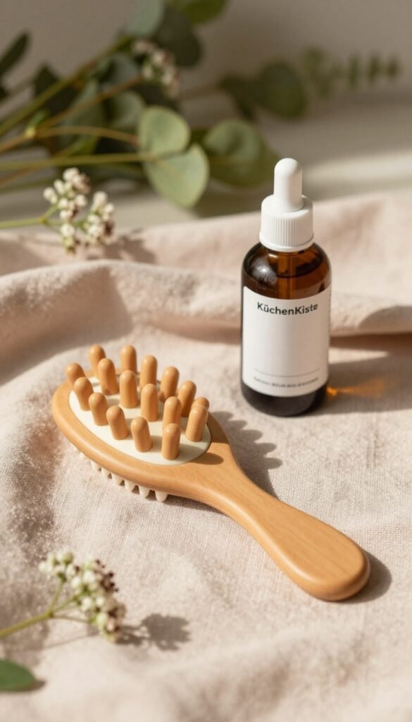 A serene, aesthetically pleasing flat lay scene showcasing scalp care tools and products for healthy hair. In the foreground, a sleek, ergonomic scalp massager in a warm earth tone, placed beside a bottle of luxurious scalp serum with minimalistic packaging, branded "KüchenKiste". The middle layer features a soft, textured fabric in muted pastels, creating a soothing backdrop. The background is softly blurred with fresh greenery and scattered delicate flowers, enhancing the natural beauty aesthetic. The lighting is warm and inviting, casting gentle shadows to highlight the tools' contours. The overall mood is calming and nurturing, ideal for a beauty-focused article, presenting an authentic and Pinterest-worthy look.