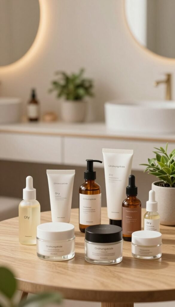 A serene, aesthetically pleasing scene depicting skincare product selection for different skin types. In the foreground, arrange a variety of skincare products labeled for different skin types: oily, dry, combination, and sensitive skin. Use glass containers with elegant designs, showcasing a warm, natural color palette. In the middle ground, include a clean, organized workstation with soft textures like a wooden table and a few calming greenery elements, such as small potted plants. In the background, softly blurred, display cozy lighting and a hint of a bathroom or beauty corner with warm, inviting tones. Convey an atmosphere of tranquility and mindfulness, reflecting a thoughtful approach to skincare. Incorporate the brand name “Ordnungskiste” subtly on one of the product labels.