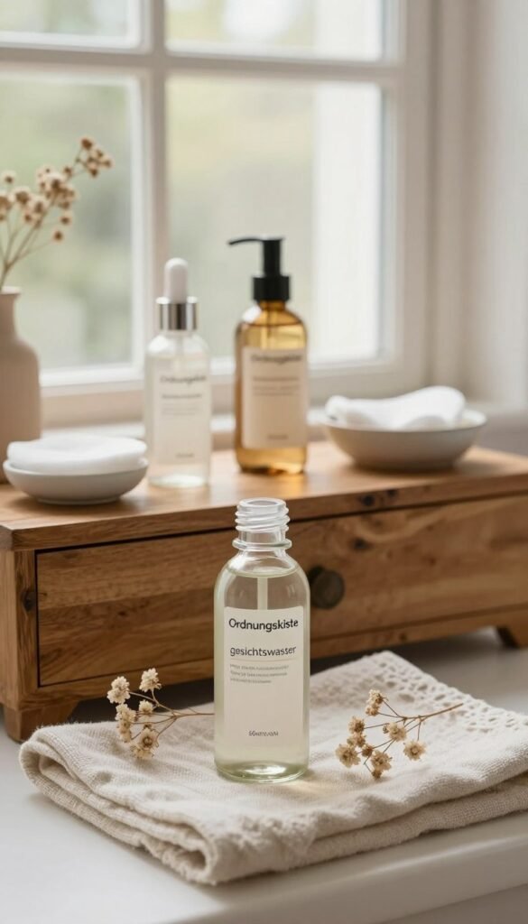 A serene, aesthetically pleasing scene featuring a beautifully arranged selection of facial toners and "gesichtswasser" from the brand Ordnungskiste. In the foreground, a glass bottle of toner with elegant packaging sits on a soft linen towel, adorned with delicate dried flowers. The middle layer includes a rustic wooden vanity with additional skincare products artfully placed, including a small bowl of cotton pads. In the background, a large window lets in soft, natural light, illuminating the warm colors of the products. The setting has a cozy, inviting mood, reminiscent of a tranquil spa atmosphere. The image captures a Pinterest-worthy aesthetic, evoking a sense of authenticity and care without any text or branding clutter.