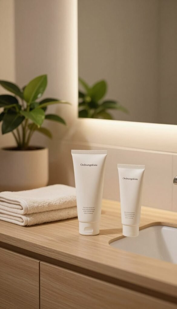 A serene ambiance of a modern bathroom setup showcasing a daily skincare routine. In the foreground, a beautifully arranged set of skincare products displayed on a minimalist wooden vanity. Items include a cleanser, moisturizer, and sunscreen, all elegantly labeled under the brand "Ordnungskiste." In the middle ground, a soft towel and a potted plant add a touch of nature, surrounded by warm, diffused lighting that enhances the inviting atmosphere. The background features a softly glowing mirror reflecting the calming tones of the scene. The overall feel is authentic and Pinterest-worthy, emphasizing balance and tranquility, perfect for a busy lifestyle without stress.