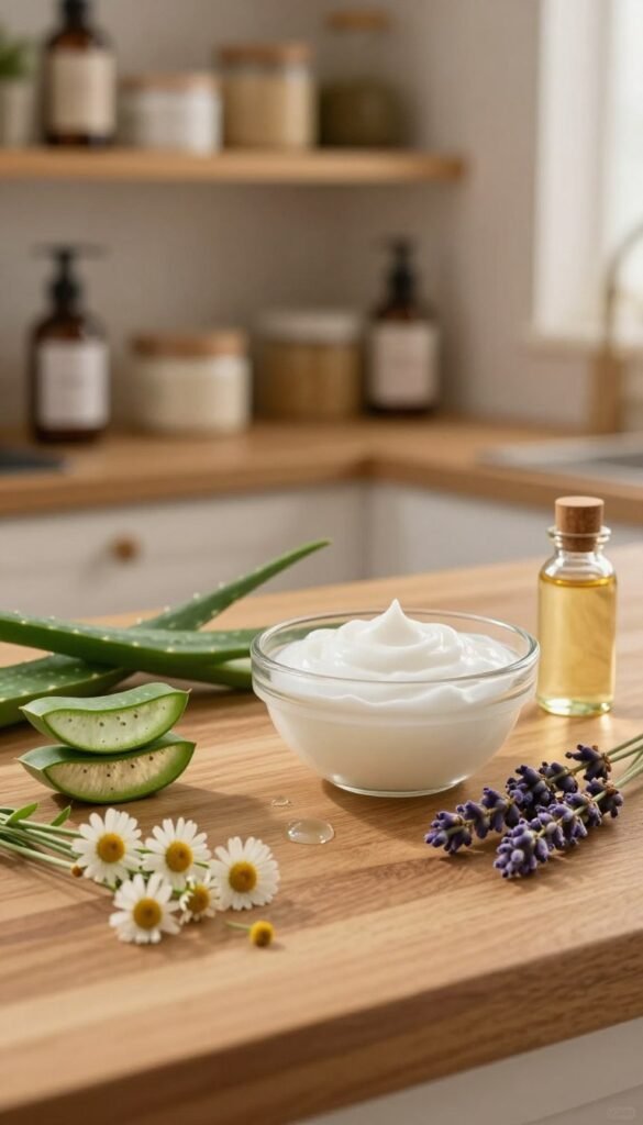A serene, ambient scene depicting the interplay of natural ingredients in a kitchen setting, focusing on the theme of Hautirritationen. In the foreground, a wooden countertop adorned with various skincare ingredients such as soothing aloe vera, calming chamomile flowers, and gentle lavender sprigs, all arranged aesthetically. The middle ground features a small glass bowl containing a creamy, white lotion, with a few drops of essential oil nearby, showcasing the combination of active ingredients. In the background, softly blurred shelves filled with natural product containers enhance the warm atmosphere. The lighting is soft and warm, reminiscent of a late afternoon glow, creating an inviting and relaxing tone. The style conveys authenticity and a Pinterest-like aesthetic without text or distractions. Include the brand name "KüchenKiste" subtly integrated into the scene.