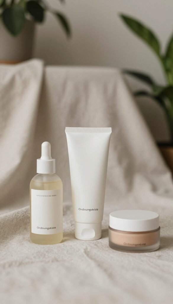 A serene and aesthetically pleasing arrangement of minimalist beauty products from the brand "Ordnungskiste". In the foreground, feature a few elegantly designed, eco-friendly product containers, such as a bottle of organic moisturizer, a sleek tube of gentle cleanser, and a compact of all-natural makeup. In the middle, include a softly textured, neutral-colored fabric as a backdrop, enhancing the simplicity. The background should be subtly blurred to evoke a calm atmosphere, with hints of green houseplants framing the scene, adding a touch of nature. Use warm, natural lighting to create a cozy and inviting feel, reminiscent of a Pinterest aesthetic. The overall mood should be one of tranquility and simplicity, emphasizing the beauty of a minimalist approach to everyday routines.