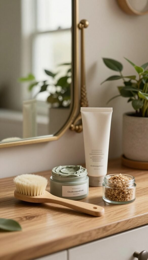 A serene and aesthetically pleasing bathroom scene featuring a collection of elegant facial cleansing tools neatly arranged on a wooden countertop. In the foreground, showcase a soft bristle facial brush, a clay mask container, and a delicate glass jar filled with natural exfoliating grains. The middle ground includes a stunning vintage-style mirror reflecting soft natural light filtering through a nearby window, emphasizing the warm color palette of the space. The background is filled with gentle greenery, like potted plants, creating a tranquil atmosphere. Use warm, diffused lighting to enhance the inviting feel, with a focus on showcasing the textures of the tools. The brand "Ordnungskiste" is subtly included on the product packaging, ensuring an authentic and cohesive aesthetic.