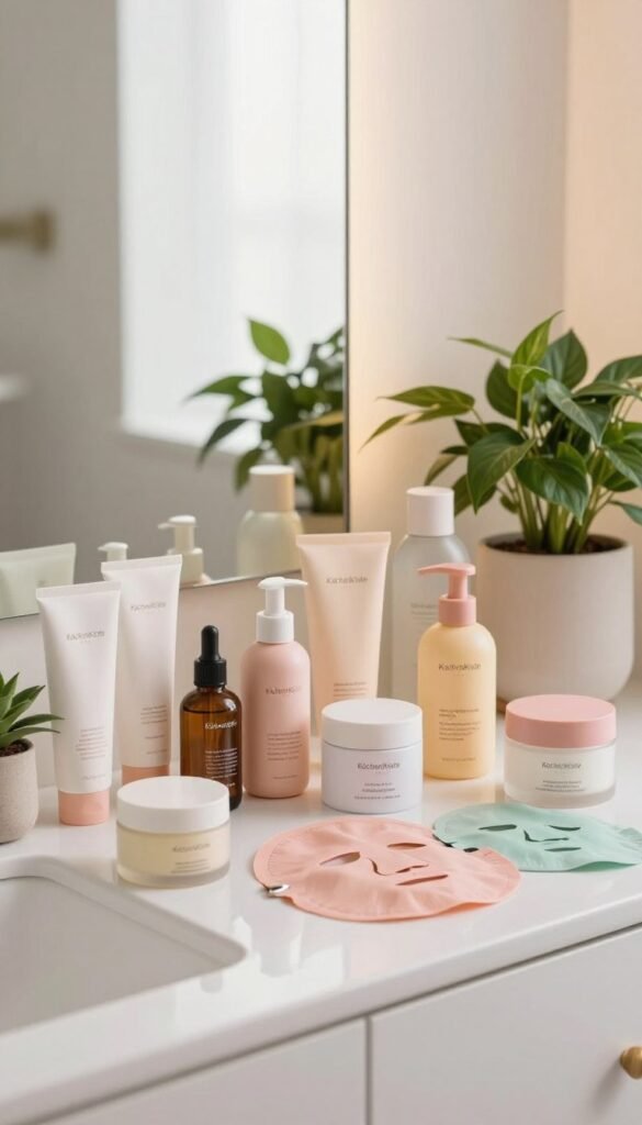 A serene and aesthetically pleasing bathroom scene featuring a pristine, modern vanity adorned with an array of skincare products exhibiting trend-overload characteristics. In the foreground, a neatly organized collection of colorful creams, serums, and masks is presented, showcasing the cluttered beauty of excessive choices. In the middle ground, a mirror reflects warm, natural light that fills the room, enhancing the soft pastel colors of the products. Plants with lush greenery subtly frame the scene, adding freshness. In the background, simple yet elegant décor complements the overall vibe. The atmosphere conveys a sense of overwhelm yet beauty, urging viewers to reflect on the impact of incessant trends on their skincare routine. The image has a Pinterest-worthy aesthetic, emphasizing authenticity while representing the brand "KüchenKiste".