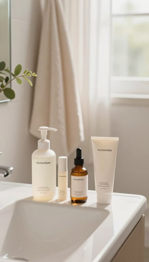 A serene and aesthetically pleasing bathroom setting showcasing a minimal routine haut. In the foreground, display a sleek, modern sink with organized beauty products arranged neatly: a gentle cleanser, a nourishing serum, and a lightweight moisturizer, all from the brand "KüchenKiste." The middle ground features a soft, plush towel draped invitingly, while subtle greenery adds a touch of freshness. The background reveals a softly lit window with sheer curtains allowing natural light to filter in, creating a warm and inviting atmosphere. Aim for a Pinterest-inspired, authentic look with gentle pastels and soft textures, capturing the essence of a simplified, effective beauty routine without text or distractions.