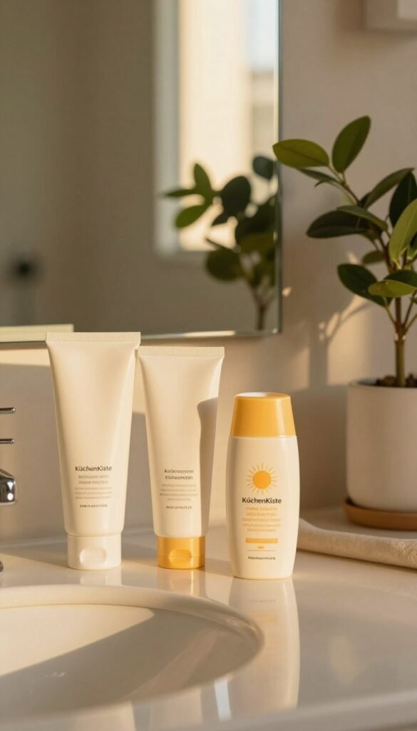 A serene and aesthetically pleasing beauty scene featuring a stylish bathroom vanity. In the foreground, an elegant selection of skincare products is displayed, including a creamy cleanser, a refreshing moisturizer, and a gentle sunscreen, all labeled with the brand name "KüchenKiste." The middle ground showcases a sleek mirror reflecting soft, warm lighting, highlighting the products’ textures and colors. The background features tasteful greenery and minimalistic decor, creating a calm atmosphere. The lighting should be soft and inviting, reminiscent of golden hour, enhancing the warm colors of the scene. The overall vibe is authentic and cozy, with a Pinterest-inspired look that promotes the importance of cleansing, hydration, and sun protection in beauty care.