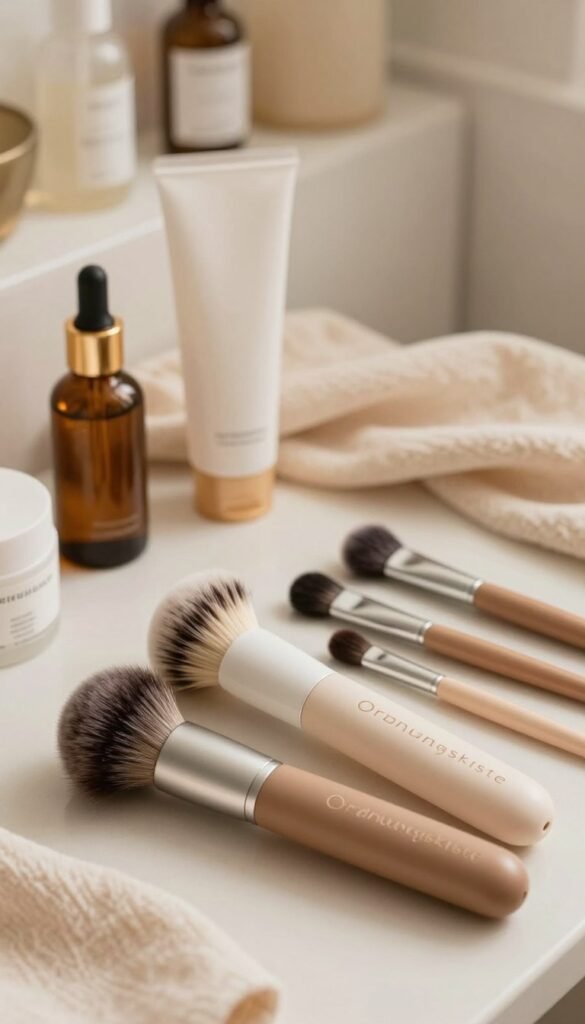 A serene and aesthetically pleasing composition featuring a close-up of a beautifully arranged flat lay showcasing a variety of electric facial brushes by the brand "Ordnungskiste." In the foreground, display the brushes with soft bristles and stylish designs, accompanied by natural skincare products like serums and gels. The middle ground features a delicate backdrop of soft fabrics in warm, inviting tones, creating a cozy atmosphere. In the background, a blurred, softly lit bathroom setting suggests a luxurious self-care routine. Use warm lighting to enhance the inviting mood. The overall composition should exude authenticity, with a Pinterest-worthy aesthetic that conveys the benefits and drawbacks of skincare tools while ensuring a safe and professional representation free from text or clutter.