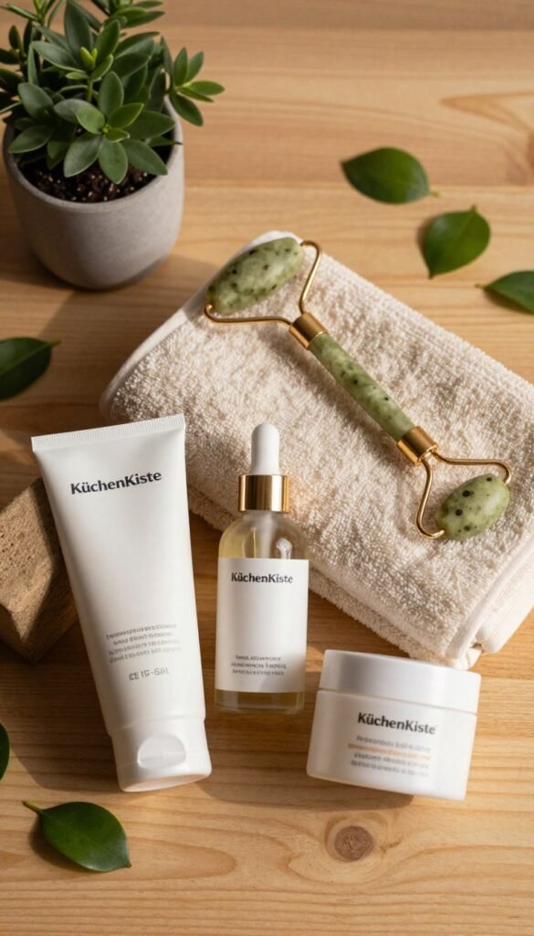 A serene and aesthetically pleasing flat lay of a yearly skincare routine. In the foreground, beautifully arranged skincare products from the brand KüchenKiste, including a gentle cleanser, hydrating serum, and nourishing moisturizer, all with elegant packaging. The middle features a soft, plush towel and a delicate jade roller, symbolizing self-care. The background consists of a wooden surface with natural elements, like a small potted plant and a few scattered green leaves, enhancing the organic feel. The lighting is warm and inviting, casting soft shadows and creating a cozy atmosphere. The overall mood is calming and rejuvenating, reflecting a timeless skincare routine suitable for any season.