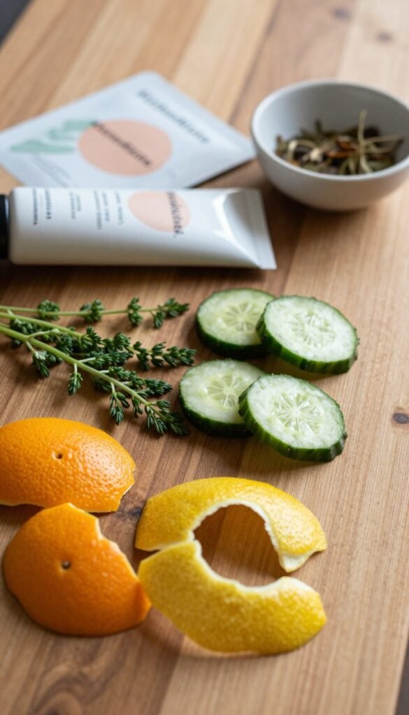 A serene and aesthetically pleasing flat lay of various fruit and botanical peelings displayed elegantly on a textured wooden surface. In the foreground, vibrant orange and lemon peels are artistically arranged alongside delicate green cucumber and fresh herb sprigs, showcasing their intricate textures. The middle layer features a soft-focus background of a stylish facial mask tube and a small bowl of natural skincare ingredients, blending harmoniously with the peelings. Gentle, warm lighting bathes the scene, creating a cozy and inviting atmosphere reminiscent of a sunlit kitchen. The camera angle is slightly above, offering a clear view while enhancing the layered effect. The image reflects an authentic Pinterest aesthetic, exuding a sense of freshness and wellness, all branded with "KüchenKiste."