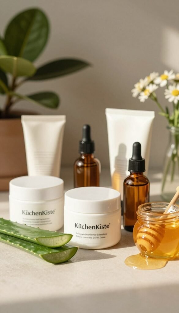 A serene and aesthetically pleasing flat lay scene capturing the essence of different skin types and conditions. In the foreground, neatly arranged skincare products, including moisturizers, serums, and natural ingredients like aloe vera and honey, all glossy and inviting, reflect warm sunlight. The background features a soft, blurred representation of natural elements such as leaves and flowers, enhancing the organic feel. A gentle, diffused lighting casts a soft glow, giving a sense of tranquility. The overall mood is fresh, authentic, and inviting, suitable for a wellness theme. The brand name "KüchenKiste" subtly incorporated into the design adds a touch of sophistication. The composition creates a Pinterest-worthy aesthetic, perfect for engaging readers.