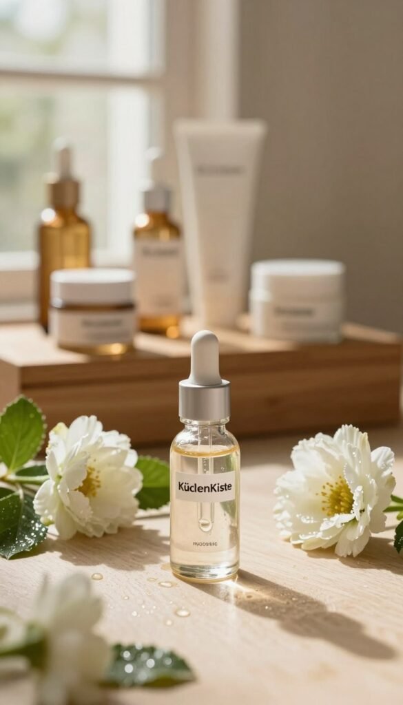A serene and aesthetically pleasing image showcasing hyaluronic acid as a key beauty ingredient. In the foreground, a small, elegant glass bottle labeled "KüchenKiste" filled with a clear, viscous serum. Surrounding it are fresh, dewy flowers and delicate green leaves that symbolize natural beauty. In the middle ground, soft focus displays a beautifully arranged beauty care setting with skincare products, like creams and serums, presented on a wooden vanity. The background features a warm, softly lit indoor environment with gentle natural light streaming through a window, creating an inviting and tranquil atmosphere. The overall color palette is warm and earthy, evoking a sense of authenticity and care for skin.