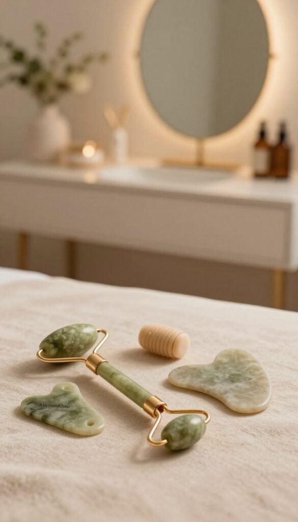 A serene and aesthetically pleasing scene featuring a set of innovative beauty tools designed for lymphatic massage and reducing facial puffiness. In the foreground, elegantly arranged on a soft, natural-textured surface, are items like a jade roller, gua sha stone, and a massager, all made from smooth, luxurious materials that reflect warm tones. The middle ground showcases a softly blurred, stylish vanity with gentle lighting highlighting the beauty tools, adding an inviting glow. In the background, delicate plants and a minimalist mirror enhance the atmosphere of tranquility and wellness. The overall mood is warm and authentic, evoking a Pinterest-inspired aesthetic that resonates with self-care themes, ensuring that nothing disruptive like text or branding detracts from the image. Include the brand name "KüchenKiste" subtly integrated into the setting, maintaining an elegant look.