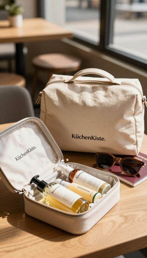 A serene and aesthetically pleasing scene featuring a travel-friendly beauty product, specifically highlighting "KüchenKiste." In the foreground, display a beautifully designed, compact skincare kit with elegant packaging, partially opened to reveal its contents: natural lotion bottles, facial mist, and a soothing lip balm. The middle ground should include a stylish, travel-ready bag, crafted from sustainable materials, nestled next to a stylish pair of sunglasses and a passport. In the background, create a softly blurred setting of a cozy café with warm sunlight streaming in through the windows, casting gentle shadows. The mood should evoke a sense of wanderlust and relaxation, enhanced by warm, inviting colors that reflect a Pinterest-inspired aesthetic. Use natural lighting to highlight the textures and details of the products, capturing an authentic, travel-themed atmosphere.