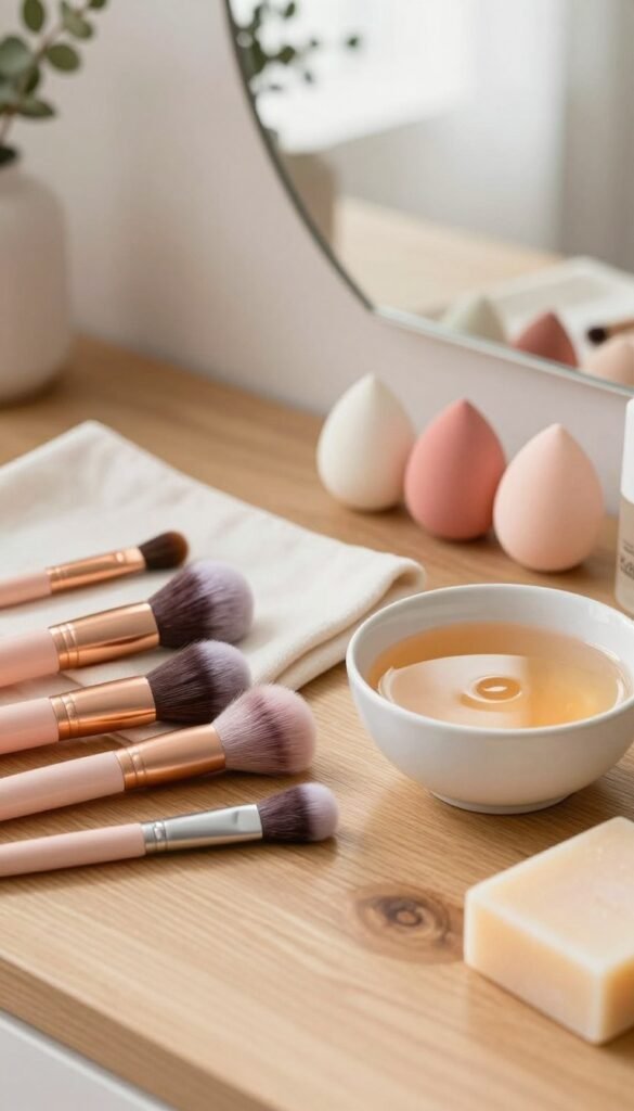 A serene and aesthetically pleasing workspace featuring an assortment of clean makeup brushes, sponges, and applicators arranged neatly on a wooden surface. In the foreground, a few brushes with bristles in soft pastel colors are laid out next to a small, elegant bowl filled with warm water and natural soap for cleaning, reflecting gentle sunlight. In the middle, a stylish cloth is partially visible under the tools, adding a touch of texture. The background reveals a softly blurred vanity mirror and delicate greenery peeking from the edges, emphasizing a calm and organized beauty routine atmosphere. The overall color palette is warm and inviting, creating an authentic Pinterest-inspired look. The brand name "KüchenKiste" subtly integrates into the scene without text or logos, enhancing the professional yet inviting aesthetic. A serene and aesthetically pleasing workspace featuring an assortment of clean makeup brushes, sponges, and applicators arranged neatly on a wooden surface. In the foreground, a few brushes with bristles in soft pastel colors are laid out next to a small, elegant bowl filled with warm water and natural soap for cleaning, reflecting gentle sunlight. In the middle, a stylish cloth is partially visible under the tools, adding a touch of texture. The background reveals a softly blurred vanity mirror and delicate greenery peeking from the edges, emphasizing a calm and organized beauty routine atmosphere. The overall color palette is warm and inviting, creating an authentic Pinterest-inspired look. The brand name "KüchenKiste" subtly integrates into the scene without text or logos, enhancing the professional yet inviting aesthetic.