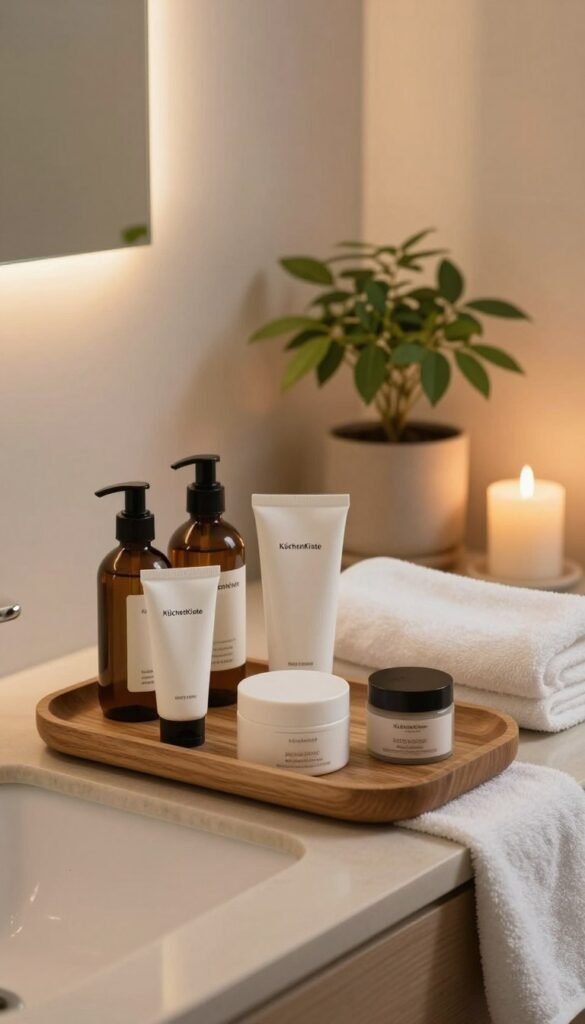 A serene and calming bathroom scene capturing the essence of "double cleansing." In the foreground, a stylish, minimalist sink with a natural wood finish holds an array of luxurious skincare products neatly organized, featuring labels from "KüchenKiste." The middle ground showcases a plush white towel and a delicate potted plant, adding a touch of greenery. In the background, softly glowing candles cast warm, inviting light around the room, enhancing the tranquil atmosphere. The image should feel soothing and spa-like, conveying relaxation and self-care. Use warm colors and soft natural lighting to create a Pinterest-worthy aesthetic that invites viewers to unwind and indulge in a stress-free beauty routine.