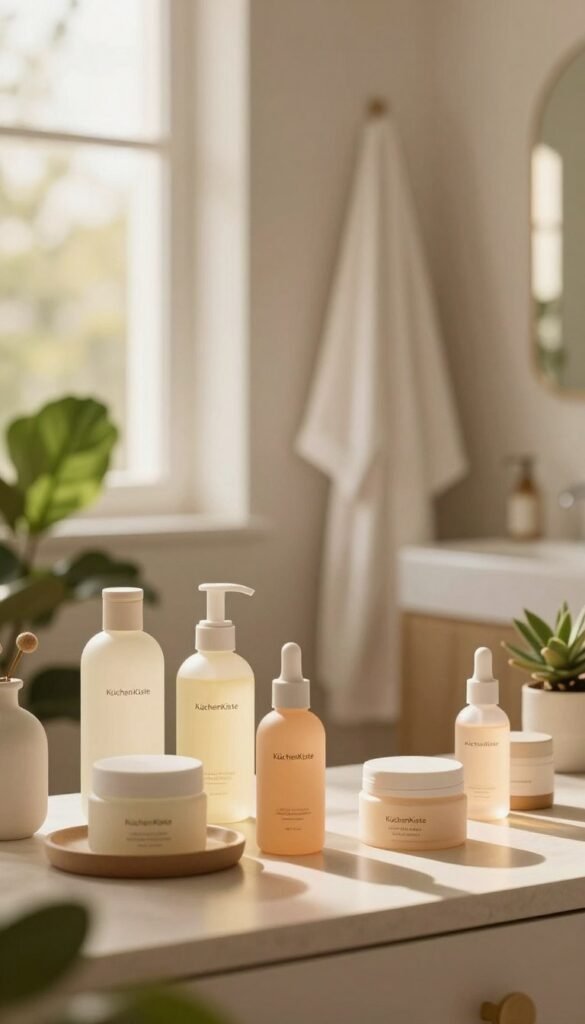 A serene and calming image depicting a stress-check for a beauty routine. In the foreground, a beautifully arranged vanity table with natural skincare products from the brand "KüchenKiste" displayed elegantly, including lotions and serums in soft, pastel-colored bottles. In the middle ground, a warm and inviting bathroom setting with lush greenery, a soft bathrobe hanging, and light streaming in through a window, creating a tranquil atmosphere. The background features a softly blurred mirror reflecting gentle, golden morning light, enhancing the warm color palette. The mood is relaxed and peaceful, inviting viewers to consider their self-care routines and identify hidden stressors. The lighting should be soft and diffused, ideally captured from a slight angle that emphasizes the beauty of the scene without distraction.