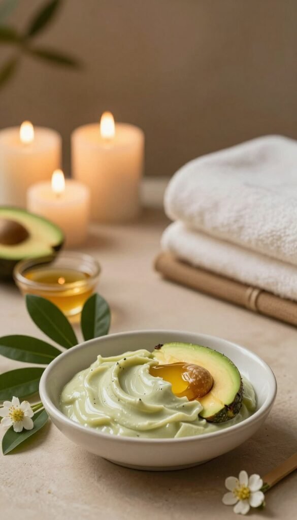 A serene and calming image focused on a gentle skin peeling treatment, evoking a sense of relaxation and stress relief. In the foreground, a porcelain dish holds a lush, creamy exfoliating mask with natural ingredients like avocado and honey, surrounded by green leaves and small flowers. In the middle, a serene spa-like setting features soft, warm lighting that enhances the earthy tones of the scene, evoking a Pinterest aesthetic. In the background, a softly blurred view of a tranquil spa room with candles and plush towels can be seen, creating an inviting atmosphere. The overall mood is soothing and calming, with an emphasis on natural beauty care. Include the brand name "KüchenKiste" subtly integrated into the composition.