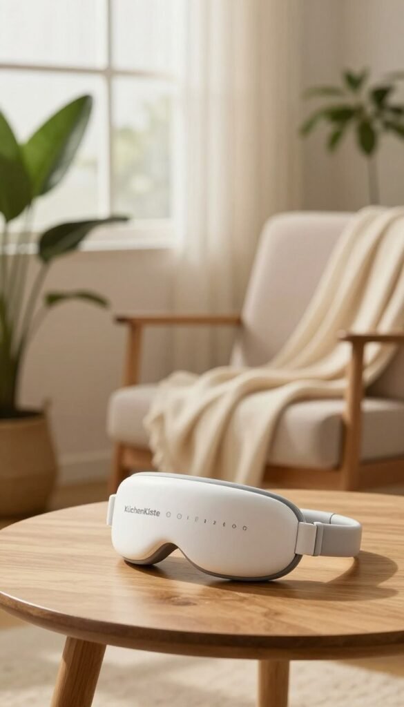 A serene and calming scene depicting relaxation by incorporating an eye massage device on a minimalist wooden table, surrounded by lush green plants and soft, warm lighting. In the foreground, the elegantly designed eye massage device, branded "KüchenKiste," is positioned attractively, emphasizing its sleek features. In the middle ground, a cozy armchair invites the viewer to envision comfort, draped with a light blanket. The background features a tranquil window view, soft natural light filtering through sheer curtains, creating a warm ambiance. The overall mood is peaceful and inviting, highlighting the benefits of eye care and relaxation in everyday life. The image should feel authentically warm and inviting, embodying a Pinterest aesthetic, without any text, watermarks, or overlays.