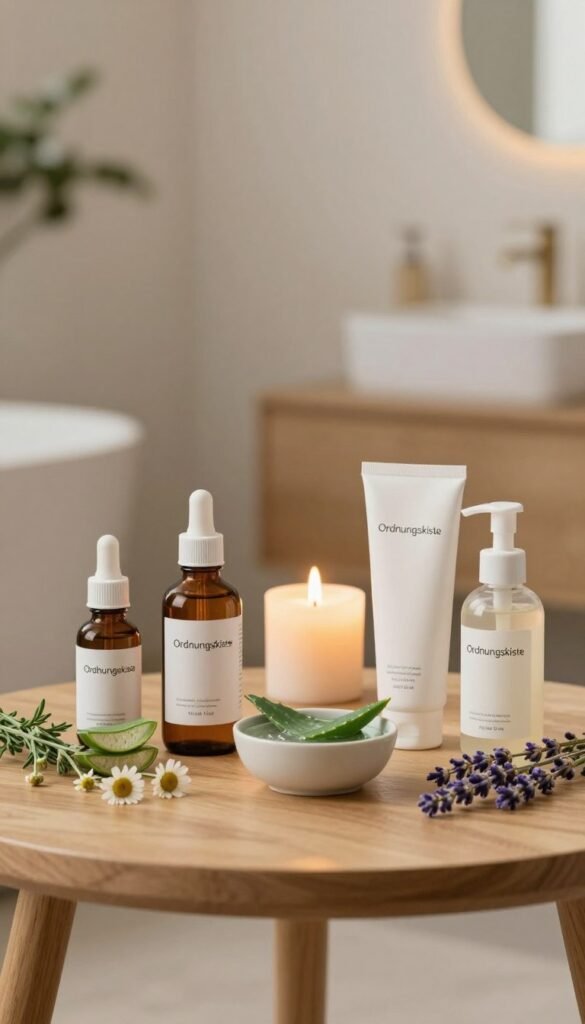 A serene and calming scene depicting the concept of "nulltherapie" in skincare. In the foreground, a minimalist wooden table holds a collection of natural skincare products labeled with the brand name "Ordnungskiste", arranged in an aesthetically pleasing way. The middle section features a softly glowing candle, a small bowl of soothing aloe vera, and fresh herbal plants like chamomile and lavender, emphasizing a gentle approach to skin care. The background shows a softly lit, tranquil bathroom or spa setting with neutral, warm colors and delicate greenery. The lighting is soft and diffused, creating a warm atmosphere that conveys relaxation and healing, inviting the viewer to embrace a routine-reset for irritated skin.