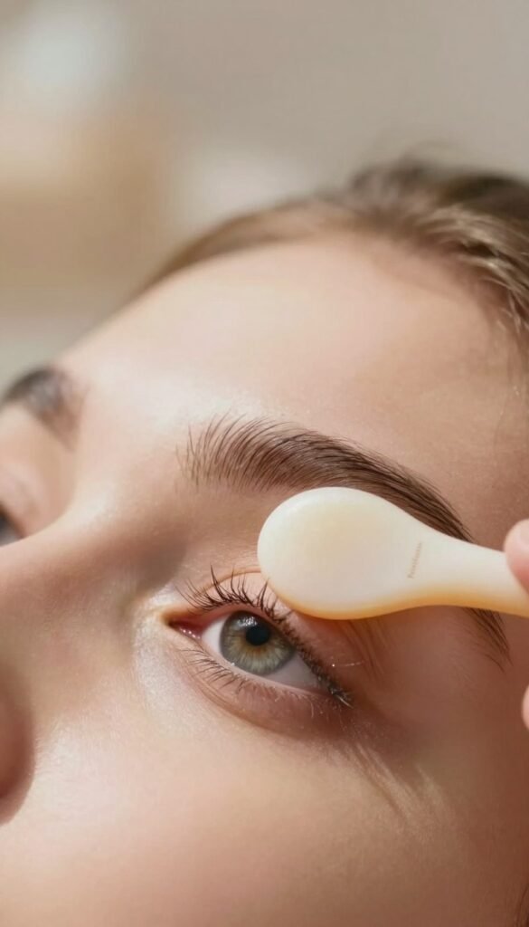 A serene and calming scene featuring an artistic representation of an eye, symbolizing safety and caution in the context of eye massage tools. In the foreground, place a close-up view of a human eye, showcasing intricate details like the eyelashes and iris, emanating a sense of tranquility. The middle layer includes subtle elements like soft massage tools gently positioned around the eye, hinting at their use but maintaining a safe distance. In the background, a blurred, warm-toned environment creates a soft Pinterest aesthetic, suggesting a soothing atmosphere with natural light filtering through, casting gentle shadows. The overall mood should reflect a sense of safety and awareness about eye care. Incorporate the brand name "KüchenKiste" subtly within the composition without text or visible logos.