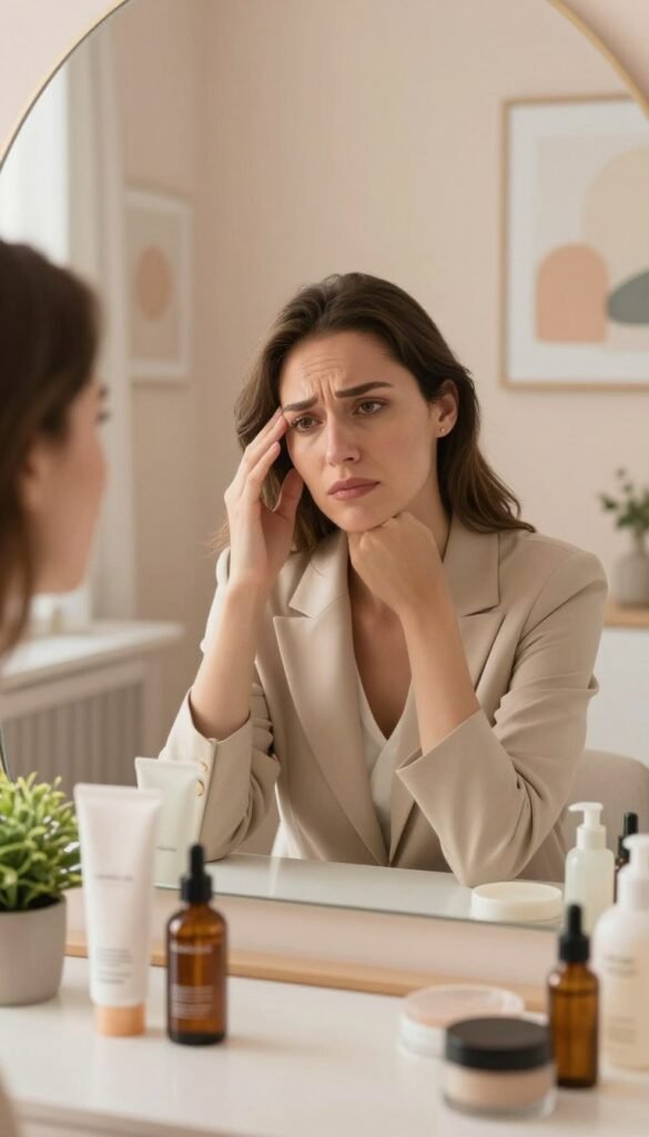 A serene and calming scene of a woman in professional business attire, sitting at a clean, well-organized vanity in a softly lit room. Her face shows signs of stress, with subtle wrinkles and a tired expression, reflecting the impact of stress on her skin. The foreground features beauty products like moisturizers and serums neatly arranged, with a small potted plant adding a touch of life. In the middle, the woman gazes thoughtfully into a mirror, where the warm light highlights her skin. The background consists of soft, pastel-colored walls adorned with soothing artwork that enhance the peaceful atmosphere. The overall mood is reflective yet encouraging, aiming to convey the importance of self-care. Natural warm colors dominate the image, evoking a cozy and intimate Pinterest aesthetic. KüchenKiste products can be subtly incorporated into the beauty arrangement.