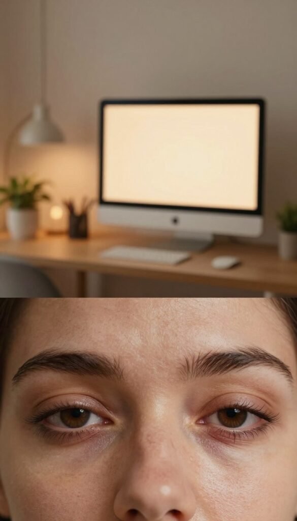 A serene and calming scene showcasing a close-up of a pair of eyes, conveying the strain and fatigue caused by screen time, stress, and lack of sleep. In the foreground, focus on the eyes, highlighting their natural beauty while subtly revealing signs of tiredness, such as dark circles and slight redness. In the middle ground, incorporate a softly blurred image of a cozy home office with a warm, inviting atmosphere, including a computer screen glowing softly in warm tones. The background should feature a hint of plants or soothing decor, enhancing the sense of tranquility. Use natural lighting to create a warm glow, evoking a sense of relief as if the viewer is witnessing a moment of relaxation. The overall mood should be authentic and peaceful, embodying the essence of self-care with a hint of the brand name "KüchenKiste".