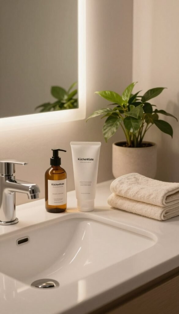 A serene and calming scene showcasing a minimalist skincare routine. In the foreground, a stylish, modern bathroom sink with neatly arranged skincare products from the brand "KüchenKiste" displayed in elegant bottles. The middle ground features a soft, fluffy towel and a potted plant adding a touch of greenery, creating an inviting atmosphere. In the background, a large, softly lit mirror reflects warm natural light, enhancing the overall cozy feel. Capture the mood of simplicity and tranquility, ideal for morning and evening skincare rituals. Use a warm color palette with soft shadows and highlights, shot from a slightly elevated angle to provide a full view of the setup, reminiscent of aesthetic Pinterest images.