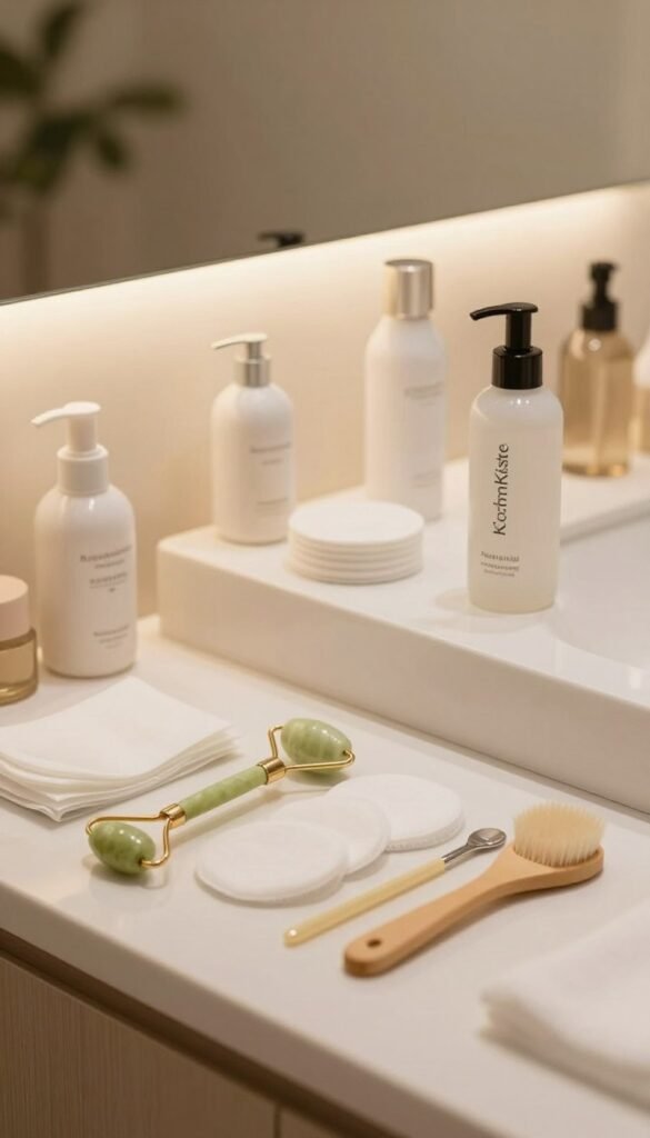 A serene and clean spa-like environment showcasing various hygienic beauty tools for eyes and skin, prominently displaying the "KüchenKiste" brand. In the foreground, include a neatly arranged set of tools such as a facial roller, cotton pads, and brushes, all gleaming under soft, warm lighting. The middle ground features a stylish countertop with elegant storage solutions that exude organization and cleanliness. In the background, a soothing, blurred setting of soft plants and subtle decor enhances the atmosphere, creating a tranquil and inviting mood. Capture this scene from a slightly elevated angle to highlight the cleanliness and aesthetic appeal, with natural colors and textures to evoke warmth and authenticity.