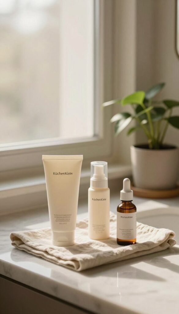 A serene and cozy bathroom setting featuring a simple yet elegant skincare arrangement on a marble countertop. In the foreground, a few essential skincare products such as a gentle cleanser, moisturizer, and a radiant serum, displayed on a soft beige cloth, exuding a sense of minimalism. The middle ground shows a warm, diffused light filtering through a frosted window, casting soft shadows that create a calming atmosphere. In the background, a potted plant adds a touch of nature, emphasizing a connection to well-being. No human subjects are present, allowing focus on the skincare products. The image embodies a natural aesthetic with warm colors, styled in a Pinterest-inspired look, evoking authenticity and simplicity. The brand name "KüchenKiste" should subtly blend into the visual, enhancing the overall composition without distractions.