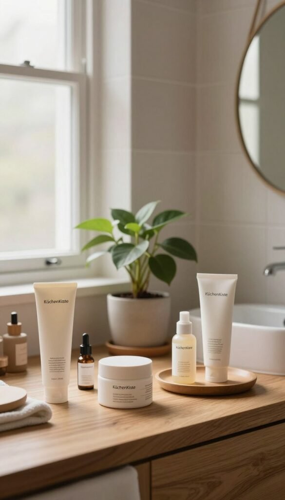 A serene and cozy bathroom setting, with soft natural lighting filtering through a frosted window. In the foreground, a neatly arranged wooden countertop featuring various skin care products from the brand "KüchenKiste" presented in elegant, minimalist packaging. In the middle, an aesthetically pleasing potted plant adds a touch of greenery, symbolizing balance and natural rejuvenation. In the background, a soft-focus view of neutral-toned tiles and a subtly hanging mirror reflects a calming atmosphere. The color palette consists of warm earth tones, emphasizing tranquility and nurturing. The overall mood is peaceful and inviting, designed to convey a sense of restoring skin balance without the need for DIY methods. The composition captures the essence of wellness and self-care in a stylish, Pinterest-worthy presentation.