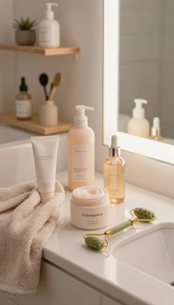 A serene and cozy beauty routine scene featuring a stylish bathroom setup. In the foreground, a neatly arranged vanity with skin care products from "Ordnungskiste", such as creams, serums, and a jade roller, all in gentle pastel colors. A soft cotton towel is elegantly draped nearby. In the middle, a beautifully lit mirror reflects the warm glow of soft, natural lighting, emphasizing the tranquil atmosphere. The background shows shelf-organized beauty tools and a small plant adding a touch of greenery. The overall mood should convey relaxation and efficiency, illustrating a quick, effective beauty ritual. The composition should evoke a Pinterest aesthetic, with muted tones and a cozy homey feel, captured in a slightly elevated angle to enhance depth.
