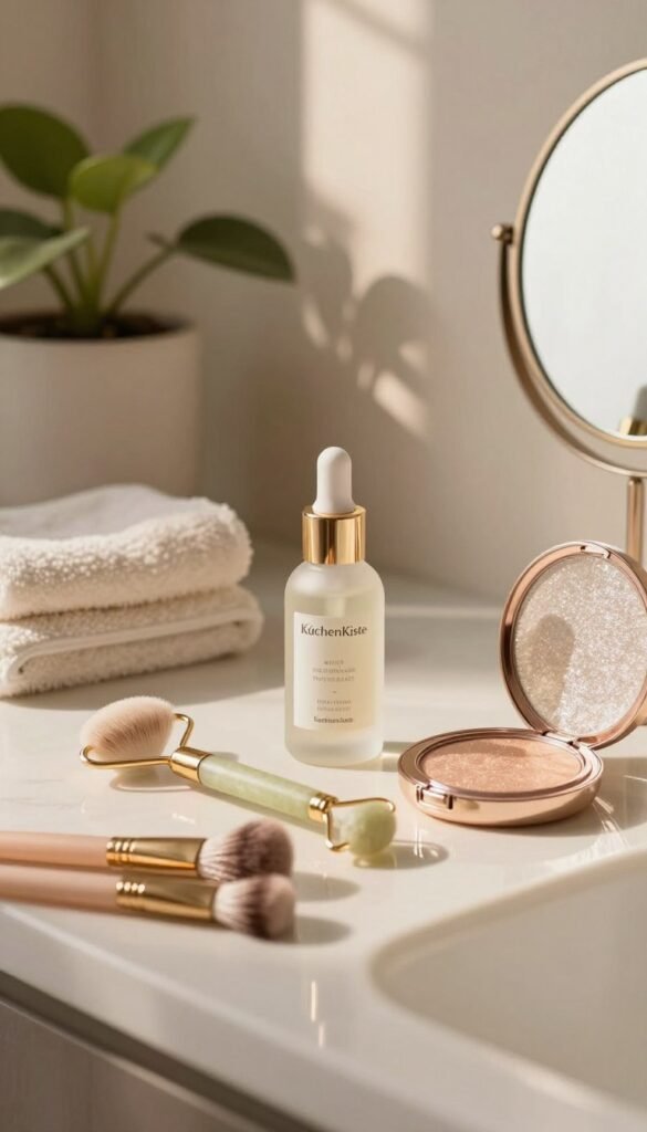 A serene and elegant bathroom countertop adorned with high-end beauty tools like a facial roller, a sleek serum bottle, and a shimmering compact mirror. In the foreground, a meticulously arranged set of brushes with soft bristles, glinting in warm, natural light. The middle ground features a softly blurred background with a chic potted plant and delicate towels, enhancing the cozy atmosphere. The colors are warm, inviting, and reflect a Pinterest-worthy aesthetic, creating a sense of tranquility and sophistication. Soft sunlight filters in, casting a gentle glow over the scene, emphasizing the luxurious yet practical nature of the beauty tools. The brand name "KüchenKiste" appears subtly on the product labels.