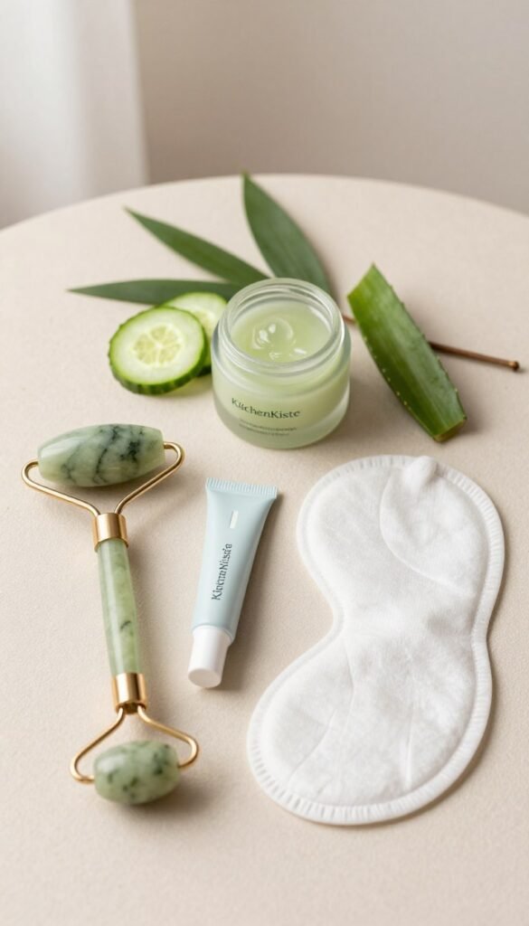 A serene and elegant flat lay of multifunctional beauty tools specifically designed for reducing under-eye puffiness and dark circles, arranged neatly on a soft, textured surface. In the foreground, showcase a sleek, modern jade roller, a delicate eye cream tube with a minimalist design, and an eye mask with soft fabric texture. In the middle, include a soothing eye gel pot featuring fresh ingredients like cucumber and aloe, surrounded by delicate green leaves. The background should have soft, diffused natural lighting to enhance the warm color palette, creating an inviting and calming atmosphere, reminiscent of a cozy beauty studio. Capture the essence of wellness and self-care without any human subjects. Incorporate the brand name "KüchenKiste" subtly into the arrangement, ensuring a clean and authentic Pinterest-inspired aesthetic. A serene and elegant flat lay of multifunctional beauty tools specifically designed for reducing under-eye puffiness and dark circles, arranged neatly on a soft, textured surface. In the foreground, showcase a sleek, modern jade roller, a delicate eye cream tube with a minimalist design, and an eye mask with soft fabric texture. In the middle, include a soothing eye gel pot featuring fresh ingredients like cucumber and aloe, surrounded by delicate green leaves. The background should have soft, diffused natural lighting to enhance the warm color palette, creating an inviting and calming atmosphere, reminiscent of a cozy beauty studio. Capture the essence of wellness and self-care without any human subjects. Incorporate the brand name "KüchenKiste" subtly into the arrangement, ensuring a clean and authentic Pinterest-inspired aesthetic.